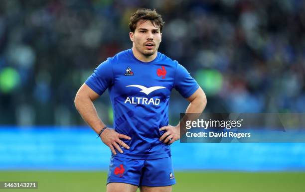 Antoine Dupont of France looks on during the Six Nations Rugby match between Italy and France at Stadio Olimpico on February 05, 2023 in Rome, Italy.