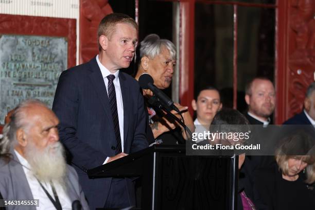 New Zealand Prime Minister Chris Hipkins speaks on Waitangi Day at Te Whare Runanga on February 06, 2023 in Waitangi, New Zealand. The Waitangi Day...
