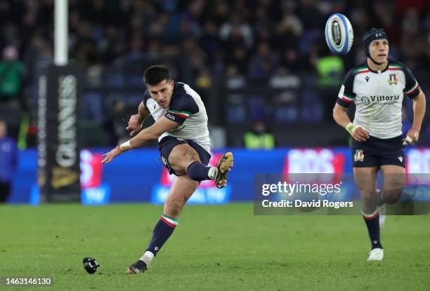 Tommy Allan of Italy kicks a penalty during the Six Nations Rugby match between Italy and France at Stadio Olimpico on February 05, 2023 in Rome,...