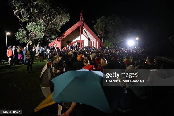 People gather to commemorate Waitangi Day at Te Whare Runanga on February 06, 2023 in Waitangi, New Zealand. The Waitangi Day national holiday...