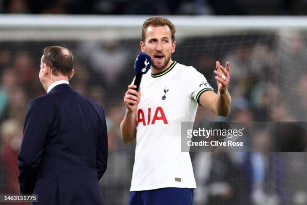 Harry Kane of Tottenham Hotspur is interviewed after scoring the winning goal in their sides victory over Manchester City. Kane scored his 267th goal...