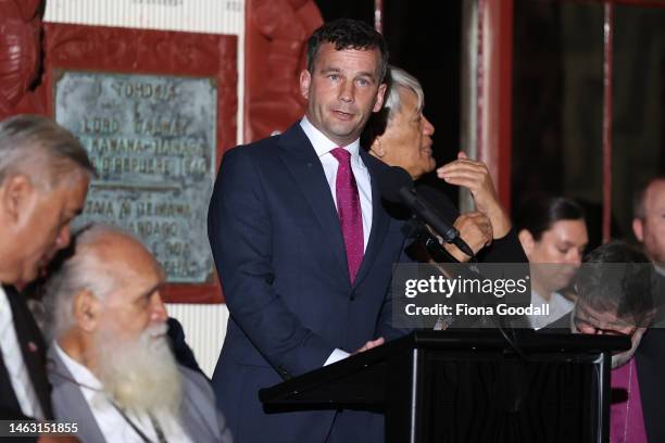 Leader David Seymour speaks on Waitangi Day at Te Whare Runanga on February 06, 2023 in Waitangi, New Zealand. The Waitangi Day national holiday...