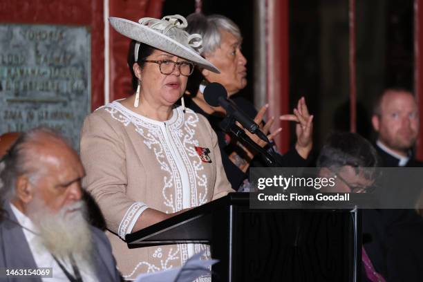 New Zealand Govenor General Dame Cindy Kiro speaks on Waitangi Day at Te Whare Runanga on February 06, 2023 in Waitangi, New Zealand. The Waitangi...
