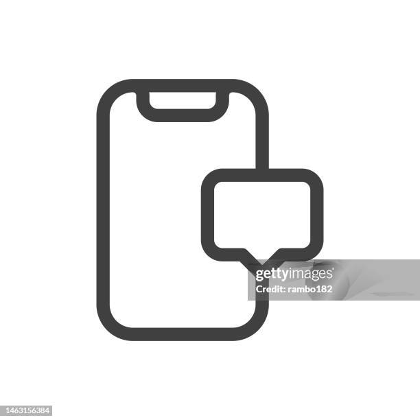 smartphone with speech bubble line vector icon on white background. editable stroke. pixel perfect. for mobile and web. outline vector graphics. - touching virtual screen stock illustrations