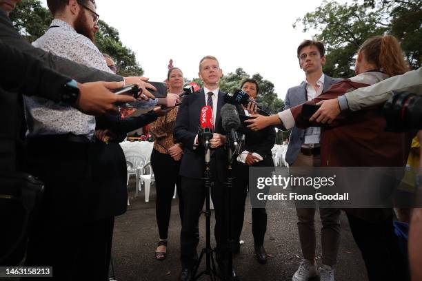 New Zealand Prime Minister Chris Hipkins speaks to media on Waitangi Day at Te Whare Runanga on February 06, 2023 in Waitangi, New Zealand. The...