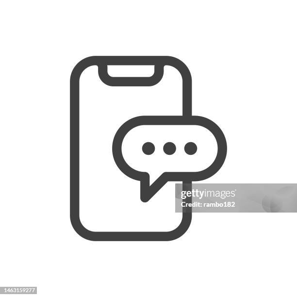 smartphone with speech bubble line vector icon on white background. editable stroke. pixel perfect. for mobile and web. outline vector graphics. - touching virtual screen stock illustrations