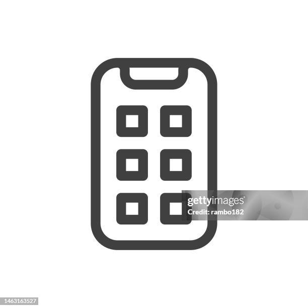 smartphone, mobile app line vector icon on white background. editable stroke. pixel perfect. for mobile and web. outline vector graphics. - electronic store display stock illustrations