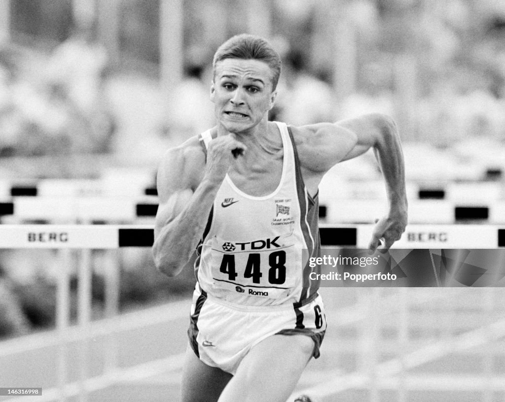 British Athlete Jon Ridgeon in action in the 110 metres hurdles at ...