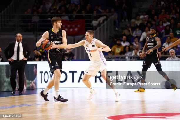 Fabien Causeur of Real Madrid and Aaron Doornekamp of Tenerife in action during the Spanish league, Liga ACB Endesa, basketball match played between...