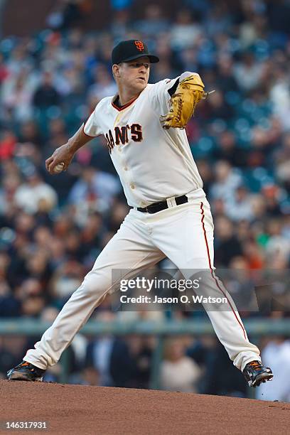 Matt Cain of the San Francisco Giants pitches against the Houston Astros during the first inning at AT&T Park on June 13, 2012 in San Francisco,...