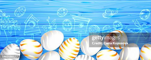 colored easter eggs with spring freehand drawings on a wooden background. creative illustration in cartoon style. - easter egg tree stock illustrations