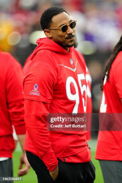 Myles Garrett of the Cleveland Browns and AFC warms up during the 2023 NFL Pro Bowl Games at Allegiant Stadium on February 05, 2023 in Las Vegas,...