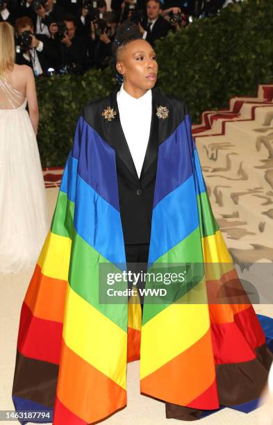 Actress Lena Waithe on the red carpet in a pride cape over a suit designed by Wes Gordon to The Metropolitan Museum of Arts Costume Institute Benefit...