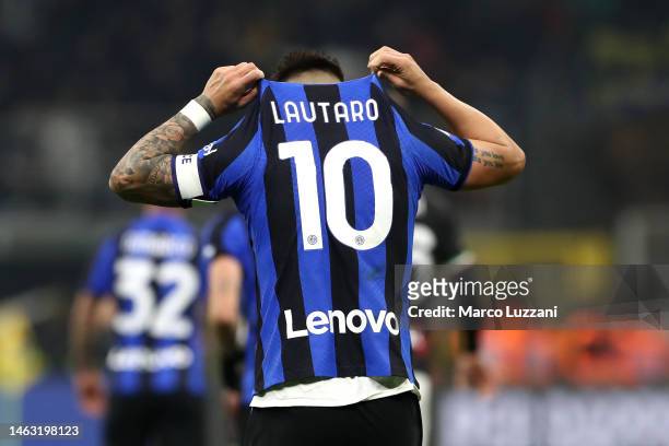 Lautaro Martinez of FC Internazionale celebrates after scoring the team's first goal during the Serie A match between FC Internazionale and AC MIlan...