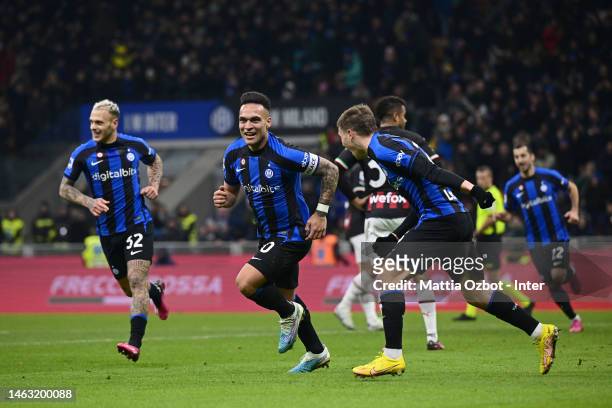 Lautaro Martinez of FC Internazionale celebrates with teammates after scoring their team's first goal during the Serie A match between FC...