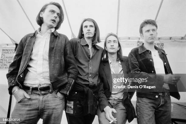 English alternative rock band Suede at the Reading Festival, 29th August 1992. Left to right: singer Brett Anderson, guitarist Bernard Butler,...