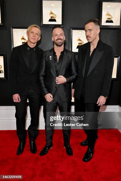 Tyrone Lindqvist, Jon George and James Hunt of Rüfüs Du Sol attend the 65th GRAMMY Awards on February 05, 2023 in Los Angeles, California.