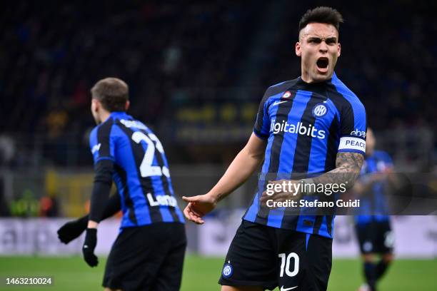 Lautaro Martinez of FC Internazionale celebrates a goal during the Serie A match between FC Internazionale and AC Milan at Stadio Giuseppe Meazza on...