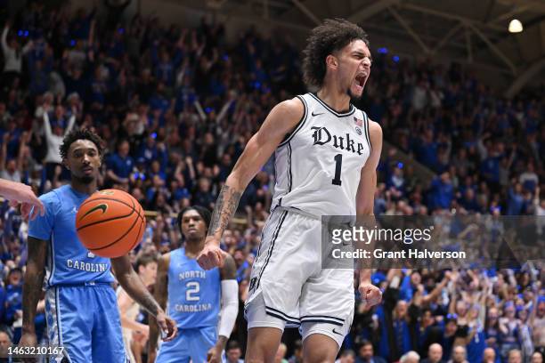 Dereck Lively II of the Duke Blue Devils reacts after a dunk against the North Carolina Tar Heels during their game at Cameron Indoor Stadium on...