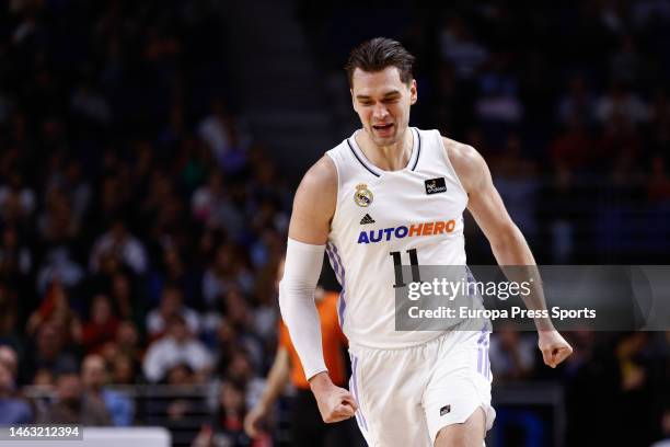 Mario Hezonja of Real Madrid celebrates during the spanish league, Liga ACB Endesa, basketball match played between Real Madrid and Lenovo Tenerife...