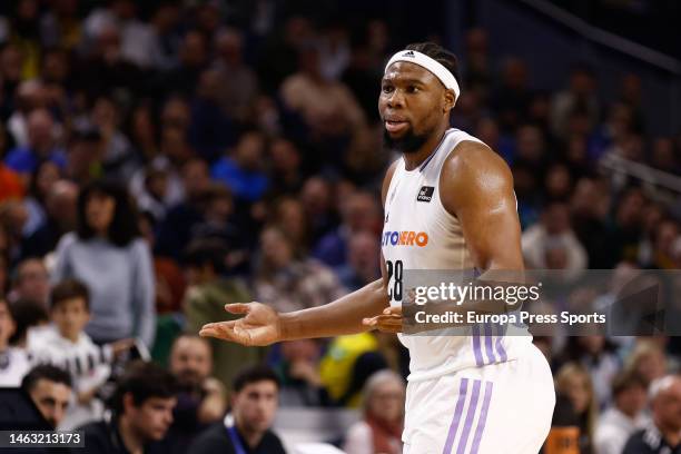 Guerschon Yabusele of Real Madrid gestures during the spanish league, Liga ACB Endesa, basketball match played between Real Madrid and Lenovo...