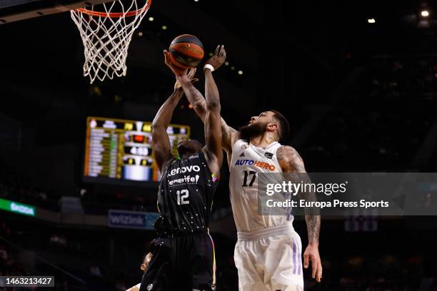 Moussa Diagne of Tenerife and Vincent Poirier of Real Madrid in action during the spanish league, Liga ACB Endesa, basketball match played between...