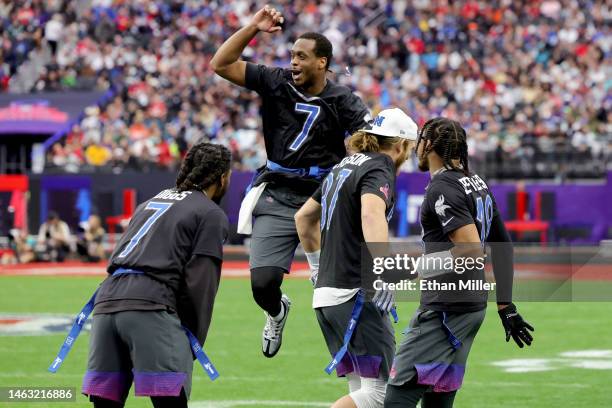 Geno Smith of the Seattle Seahawks and NFC celebrates after a two-point conversion against the AFC during the 2023 NFL Pro Bowl Games at Allegiant...