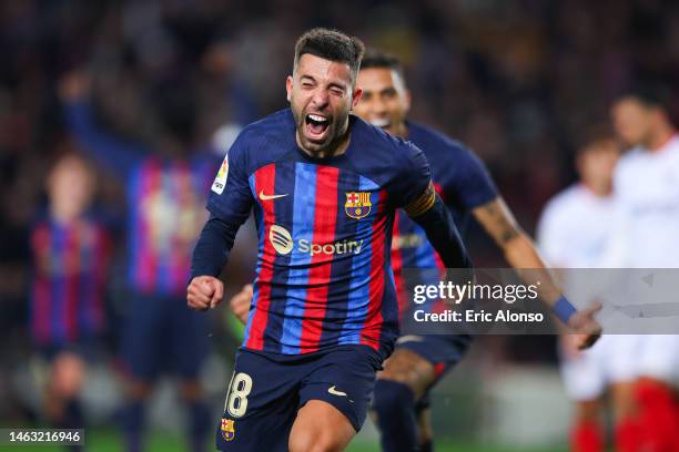 Jordi Alba of FC Barcelona celebrates scoring his side's first goal during the LaLiga Santander match between FC Barcelona and Sevilla FC at Spotify...