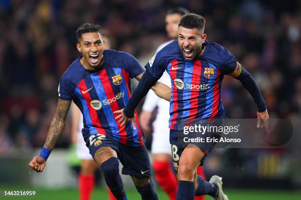 Jordi Alba of FC Barcelona celebrates scoring his side's first goal during the LaLiga Santander match between FC Barcelona and Sevilla FC at Spotify...