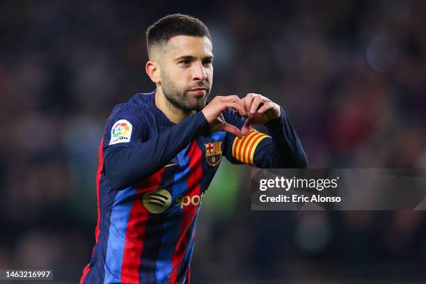 Jordi Alba of FC Barcelona celebrates scoring his side's first goal during the LaLiga Santander match between FC Barcelona and Sevilla FC at Spotify...