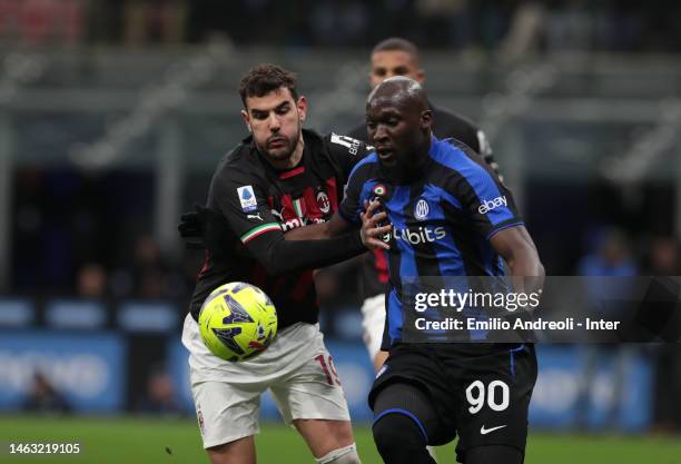 Romelu Lukaku of FC Internazionale in action, battles for the ball with Theo Hernandez of AC Milan during the Serie A match between FC Internazionale...