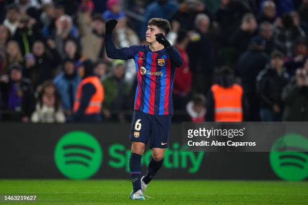 Gavi of FC Barcelona celebrates after scoring the team's second goal during the LaLiga Santander match between FC Barcelona and Sevilla FC at Spotify...