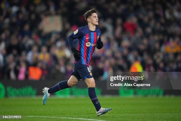 Gavi of FC Barcelona celebrates after scoring the team's second goal during the LaLiga Santander match between FC Barcelona and Sevilla FC at Spotify...