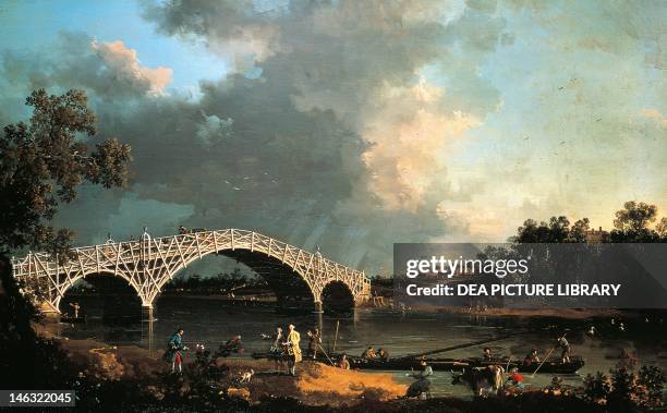 London, Dulwich Picture Gallery Old Walton Bridge over the Thames by Giovanni Antonio Canal, known as Canaletto . Oil on canvas, 48.8x76.7 cm .