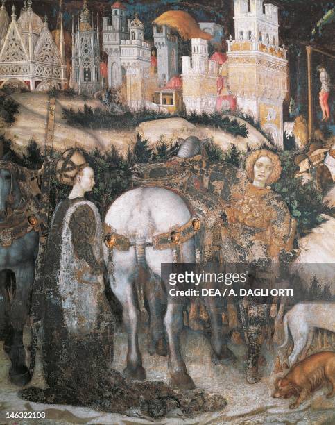 St George and the Princess, 1433-1435, by Antonio Pisanello , fresco, 223x430 cm. Detail. Pellegrini Chapel, Church of St Anastasia, Verona.