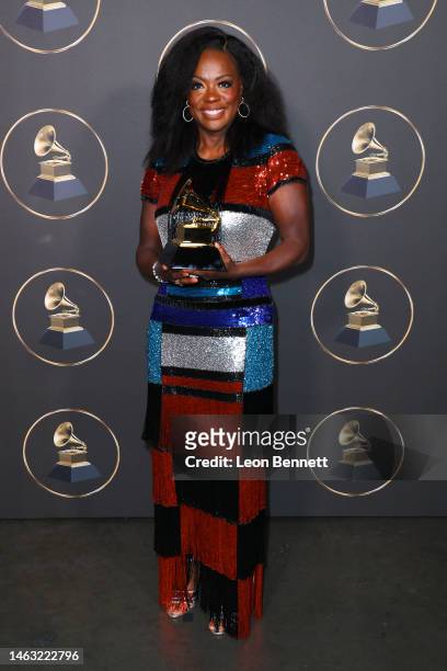 Viola Davis celebrates the Best Audio Book, Narration, and Storytelling award for "Finding Me" during the 65th GRAMMY Awards Premiere Ceremony at...