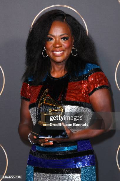 Viola Davis celebrates the Best Audio Book, Narration, and Storytelling award for "Finding Me" during the 65th GRAMMY Awards Premiere Ceremony at...