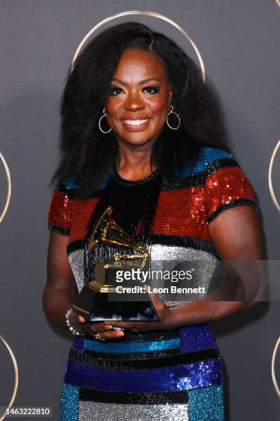 Viola Davis celebrates the Best Audio Book, Narration, and Storytelling award for "Finding Me" during the 65th GRAMMY Awards Premiere Ceremony at...