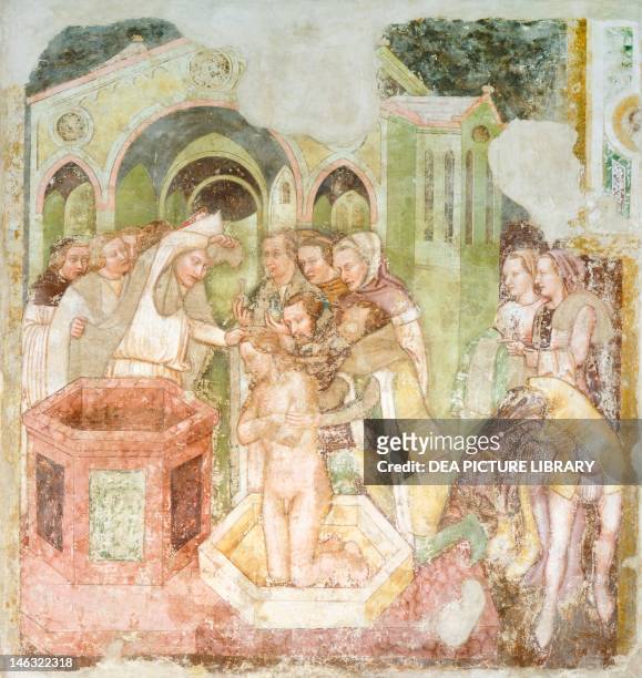 Treviso, Museo Civico The baptism of the Prince of England, detail from the fresco Legend of St Ursula, 1360-1366, by Tommaso da Modena . Church of...