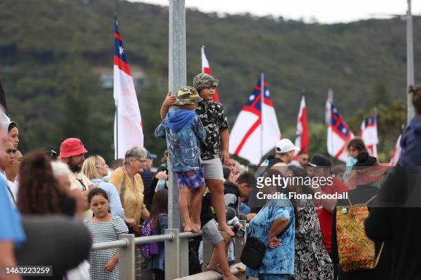 Crowds watch waka journey in the Bay of Islands to commemorate Waitangi Day on February 06, 2023 in Waitangi, New Zealand. The Waitangi Day national...