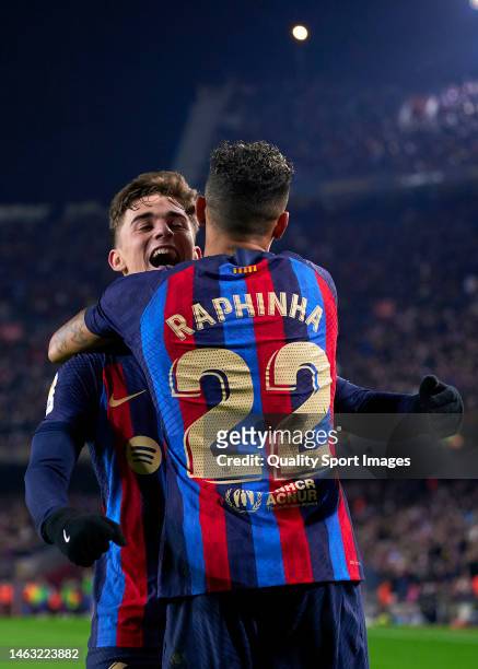 Raphinha and Pablo Paez 'Gavi' of FC Barcelona celebrating their team's third goal during the LaLiga Santander match between FC Barcelona and Sevilla...