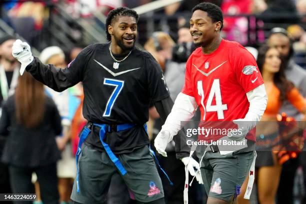 Trevon Diggs of the Dallas Cowboys and NFC and Stefon Diggs of the Buffalo Bills and AFC talk during the 2023 NFL Pro Bowl Games at Allegiant Stadium...