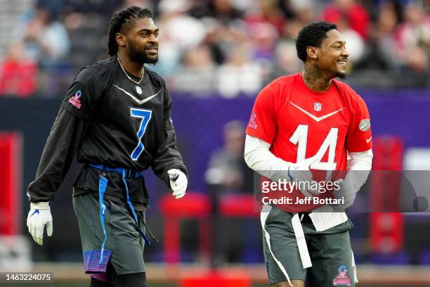 Trevon Diggs of the Dallas Cowboys and NFC and Stefon Diggs of the Buffalo Bills and AFC talk during the 2023 NFL Pro Bowl Games at Allegiant Stadium...