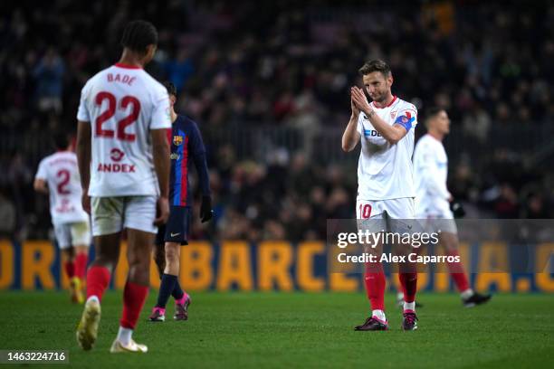 Ivan Rakitic of Sevilla FC applauds the fans after the team's defeat during the LaLiga Santander match between FC Barcelona and Sevilla FC at Spotify...