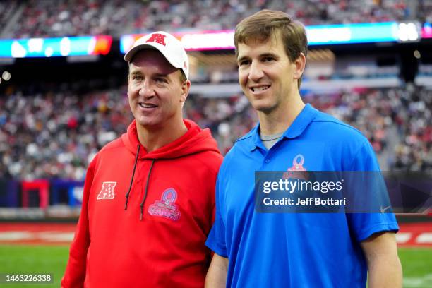 Head coach Peyton Manning and NFC head coach Eli Manning are seen during the 2023 NFL Pro Bowl Games at Allegiant Stadium on February 05, 2023 in Las...