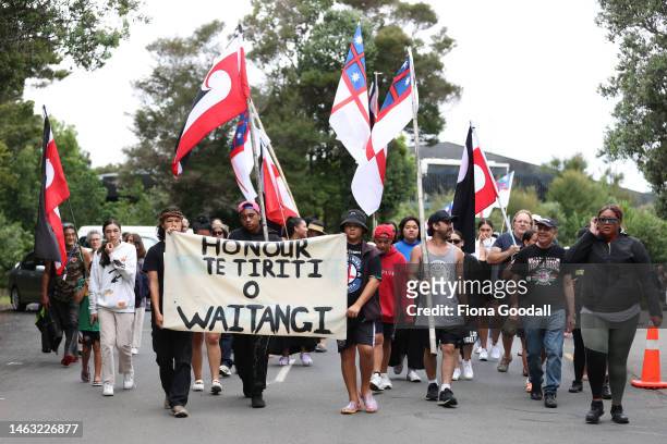 Hikoi walks towards the Waitangi Treaty grounds on February 06, 2023 in Waitangi, New Zealand. The Waitangi Day national holiday celebrates the...