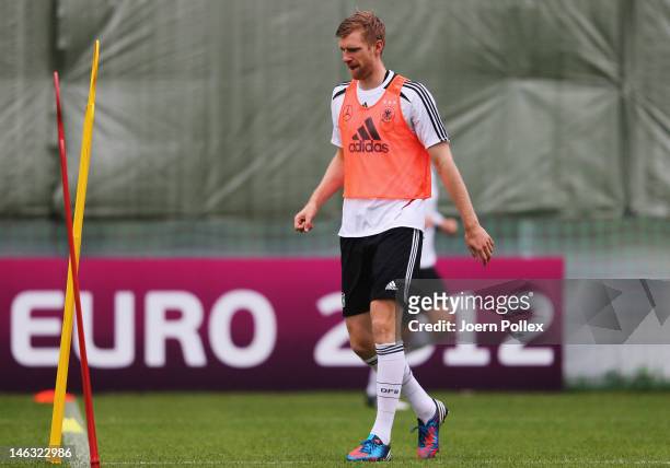 Per Mertesacker exercises during a Germany training session at their UEFA EURO 2012 training ground ahead of their UEFA EURO 2012 Group B match...
