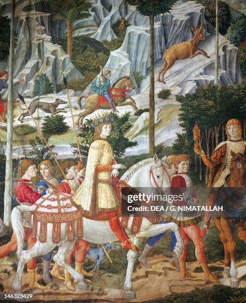 Florence, Palazzo Medici-Riccardi The cavalcade of the Magi by Benozzo Gozzoli , fresco. Detail depicting the parade from the east wall showing...