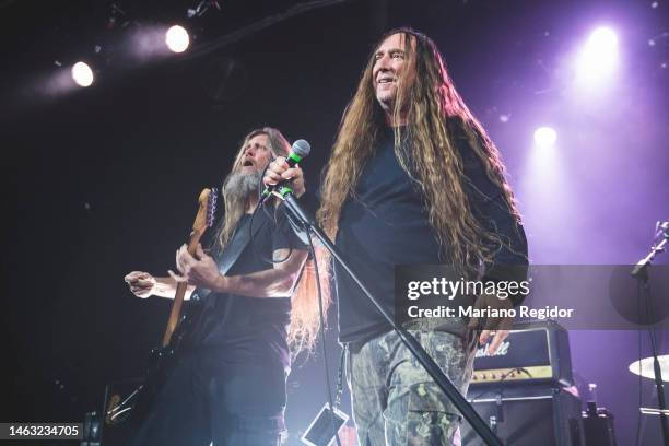 Trevor Peres and John Tardy of the American death metal band Obituary perform on stage at La Riviera on February 05, 2023 in Madrid, Spain.