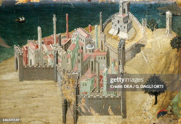 Siena, Pinacoteca Nazionale , Buonsignori Palace City by the sea, by Ambrogio Lorenzetti . Tempera and gold on wood, 22.5x33.5 cm.